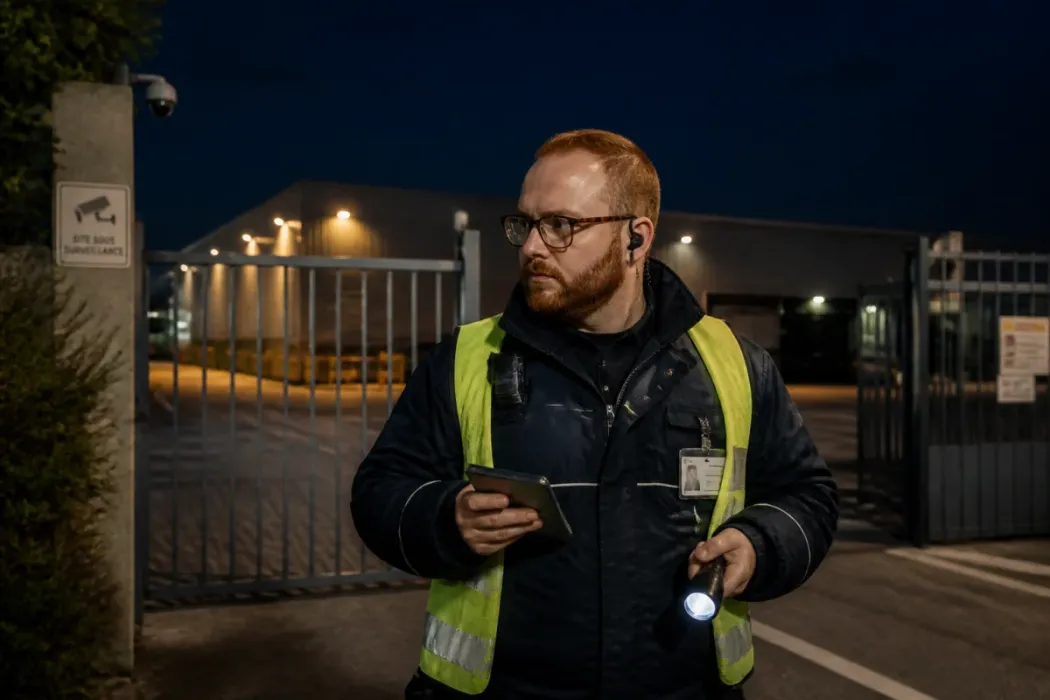 Agent de sécurité de nuit en ronde devant un site industriel sécurisé, carnet en main, ambiance calme et professionnelle