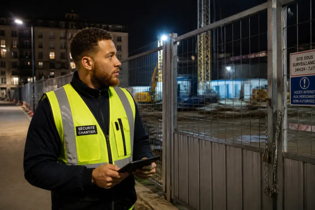 Agent de gardiennage de chantier la nuit, surveillant un portail fermé devant engins et clôtures sécurisées