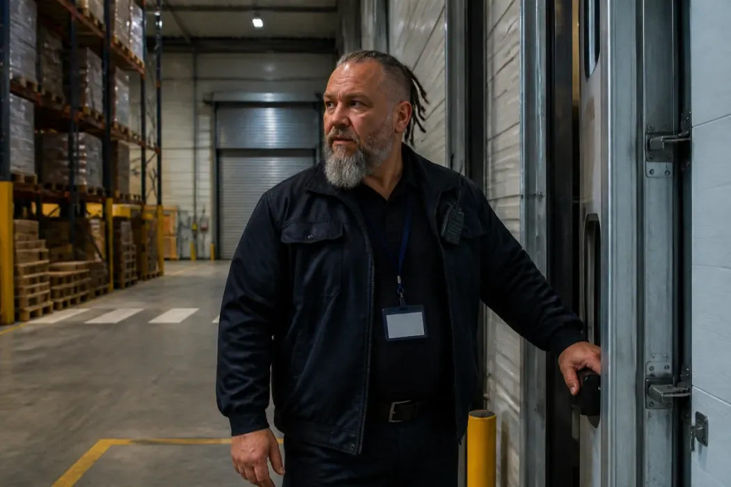 Agent de sécurité privée en ronde nocturne, contrôlant une porte industrielle dans un entrepôt ordonné