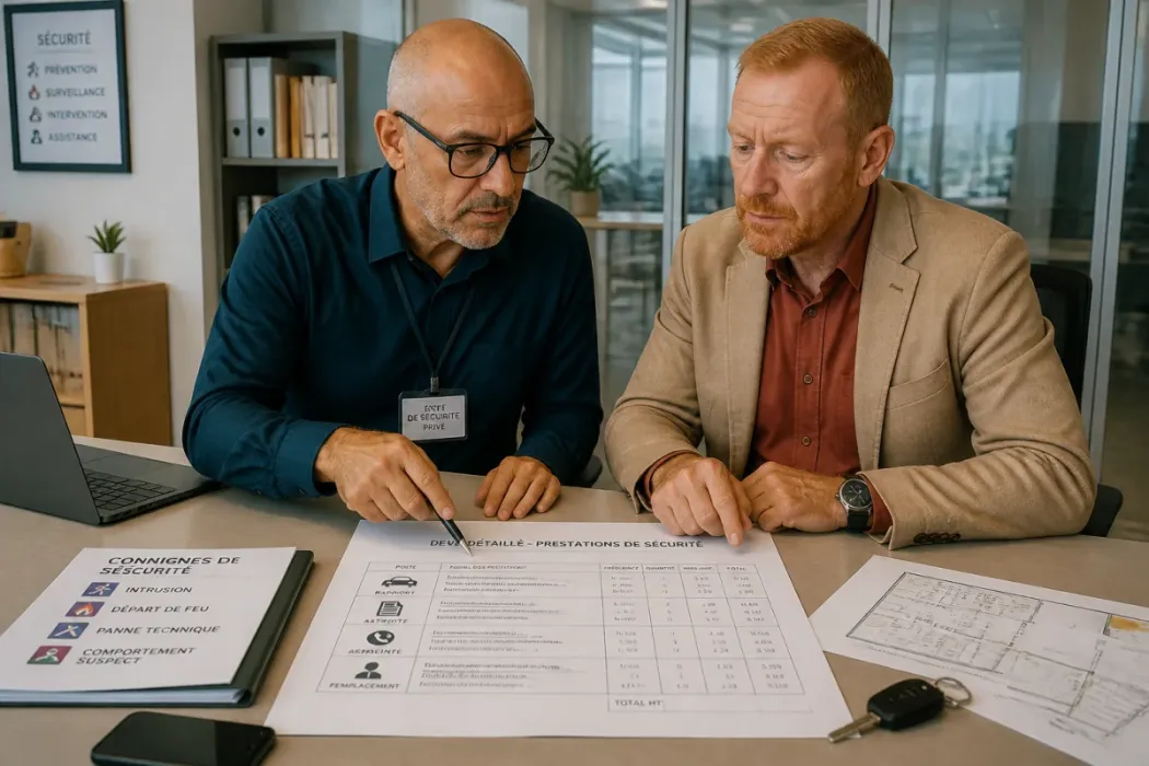 Agent de sécurité privé et client comparent un devis détaillé dans un bureau professionnel moderne
