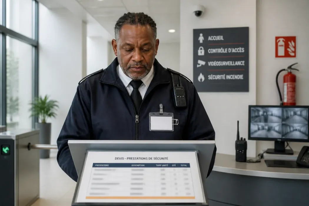 Agent de sécurité privée senior consultant un devis tarifaire dans un hall d’accueil moderne et sécurisé