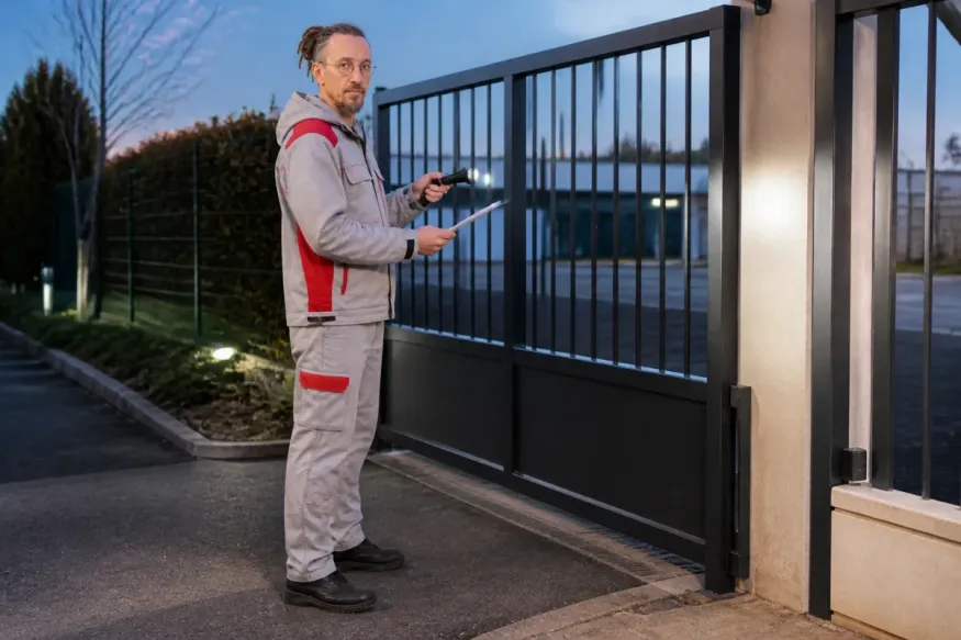 Professionnel effectuant une ronde de contrôle à l’entrée d’un site