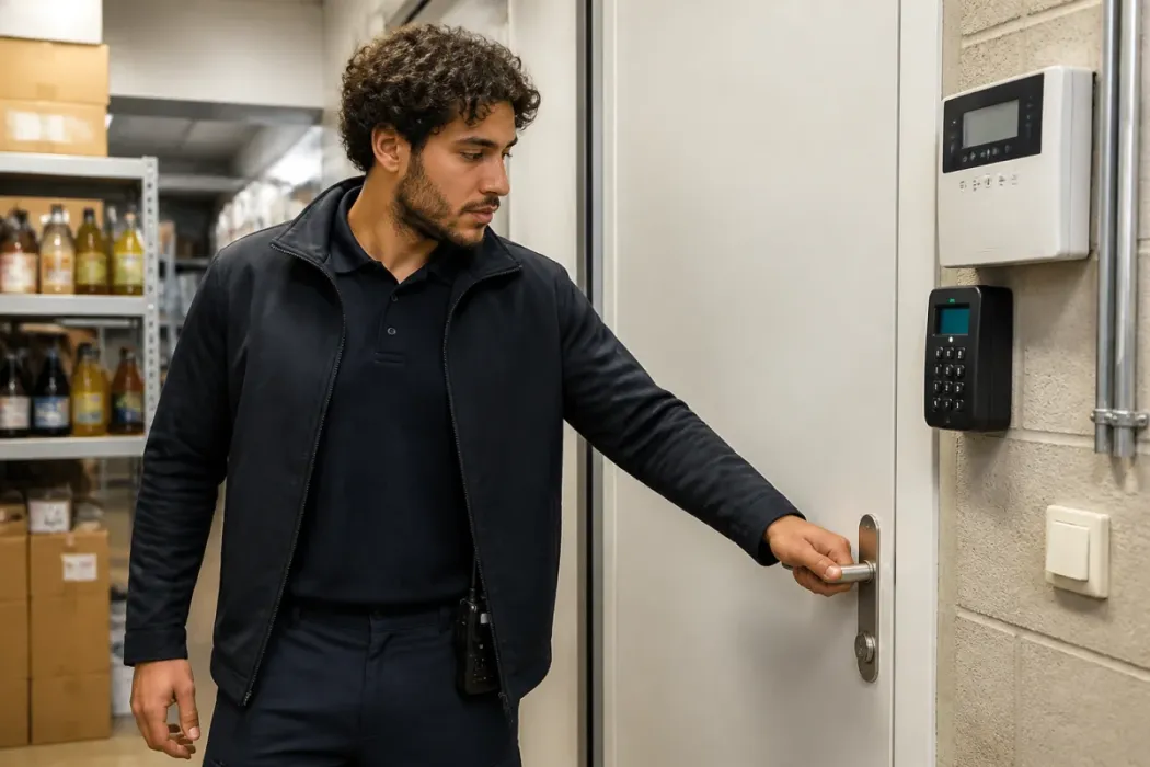 Agent de sécurité privé vérifiant la porte arrière d’un local professionnel avec lecteur d’accès et alarme visible