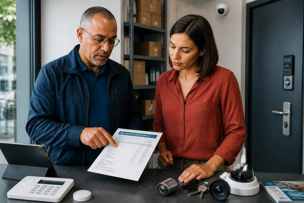 Agent de sécurité et cliente analysent un devis de protection dans un local professionnel sécurisé moderne